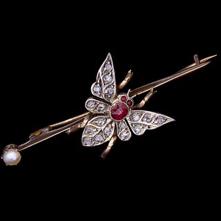 NO RESERVE, ANTIQUE VICTORIAN DIAMOND, RUBY AND PEARL FLY BROOCH
