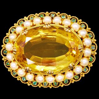 NO RESERVE, CITRINE PEARL AND EMERALD BROOCH