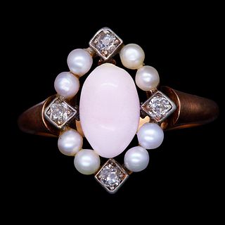 ANTIQUE CONCH PEARL, DIAMOND AND PEARL RING