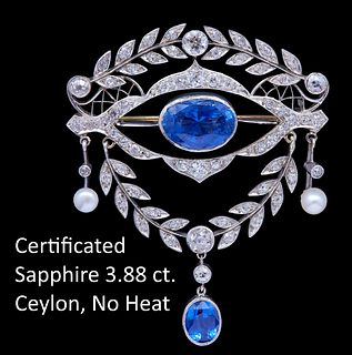 IMPORTANT CERTIFICATED BELLE EPOQUE SAPPHIRE, DIAMOND AND PEARL DROP BROOCH