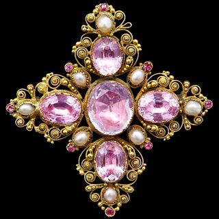 ANTIQUE PEARL, RUBY AND PINK STONE STAR BROOCH