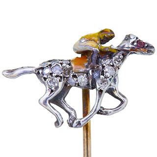 NO RESERVE, ANTIQUE VICTORIAN DIAMOND AND ENAMEL HORSE AND JOCKEY TIE PIN