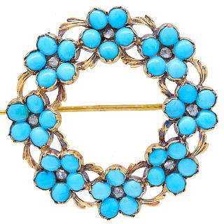 NO RESERVE, ANTIQUE TURQUOISE AND DIAMOND FLORAL CLUSTER BROOCH