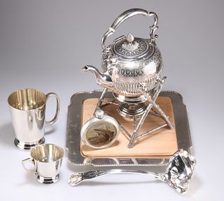 A COLLECTION OF SILVER-PLATE, including a spirit kettle on a bark effect st