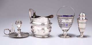 FOUR PIECES OF OLD SHEFFIELD PLATE, comprising cream jug, swing-handle suga