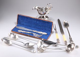 A GROUP OF SILVER-PLATE, including sauceboat, Victorian cased fish servers,