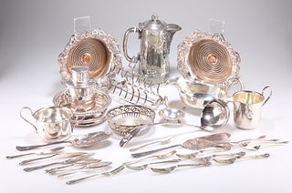 A COLLECTION OF SILVER-PLATE, including 19th Century coasters, toast rack, 