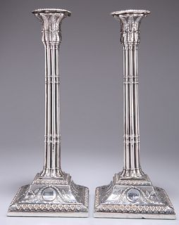 A PAIR OF OLD SHEFFIELD PLATE GOTHICK CANDLESTICKS, CIRCA 1770, of clustere