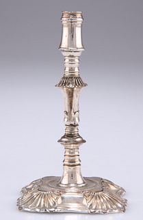 AN OLD SHEFFIELD PLATE TAPERSTICK, CIRCA 1770, with knopped stem and shaped