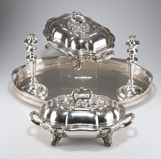 A GROUP OF SILVER-PLATE, comprising an oval galleried tray, a pair of entré