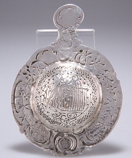 A ROCOCO REVIVAL SILVER TEA STRAINER, import marks, Elly Isaac Miller, Lond
