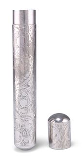 A SILVER TUBULAR CASE, stamped 925, engraved with scrolling foliage. 18cm l