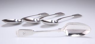 A SET OF FOUR EARLY VICTORIAN SILVER TABLESPOONS, probably by John James Wh