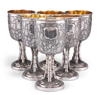 A FINE SET OF SIX CHINESE EXPORT SILVER GOBLETS, 19TH CENTURY, each circula