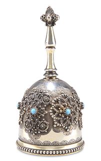 A FINE 19TH CENTURY FRENCH SILVER-GILT TABLE BELL, stipple engraved with Mo