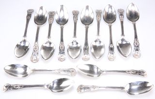 A MATCHED SET OF ELEVEN GEORGIAN AND VICTORIAN SILVER DESSERT SPOONS, vario
