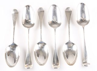A SET OF SIX GEORGE II SILVER TABLESPOONS, by Ebenezer Coker, London 1754, 