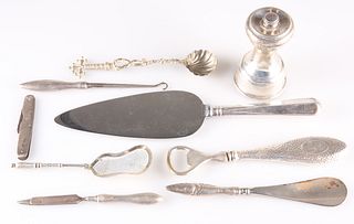 A GROUP OF SILVER AND PLATE, including a George VI pepper grinder, by Willi