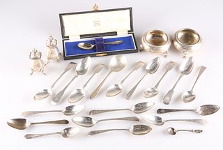 A GROUP OF SILVER, including a pair of George V salts, by Joseph & Richard 