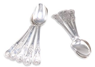 A MATCHED SET OF NINE GEORGIAN AND VICTORIAN SILVER TABLESPOONS, various ma