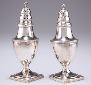 A PAIR OF GEORGE III SILVER CASTERS, by Solomon Hougham, London 1810, of ba