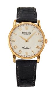 A GENTS ROLEX CELLINI STRAP WATCH, circular ivory Rolex "Tapestry" dial sig