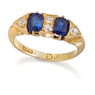 A VICTORIAN 18 CARAT GOLD SAPPHIRE AND DIAMOND RING, two oval-cut sapphires