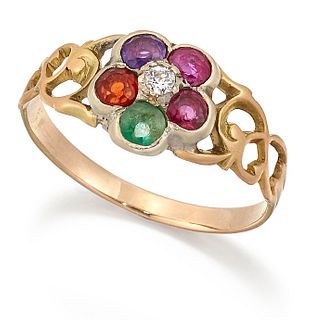 AN ACROSTIC ‘REGARD’ CLUSTER RING, a central cluster of round-cut ruby, eme