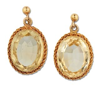 A PAIR OF CITRINE EARRINGS, oval-cut citrines within rope frames, with scre