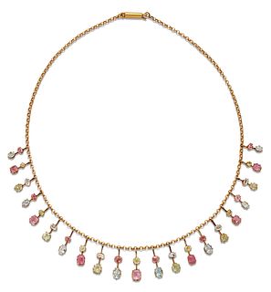 AN AQUAMARINE, CHRYSOBERYL AND PINK TOURMALINE FRINGE NECKLACE, the front w