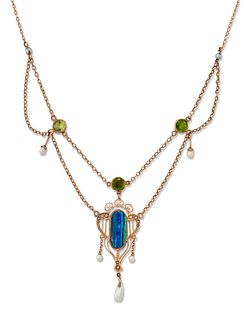 AN EARLY 20TH CENTURY BLACK OPAL DOUBLET, PERIDOT, PASTE AND PEARL NECKLACE
