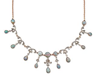 AN EARLY 20TH CENTURY OPAL AND DIAMOND NECKLACE, round and pear-cut opals a
