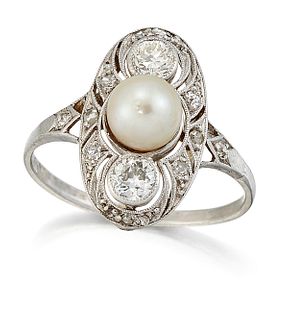 A PEARL AND DIAMOND RING, a pearl between old-cut diamonds and within a dia