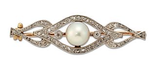 A PEARL AND DIAMOND BROOCH, a pearl within a scrolling frame of old-cut and