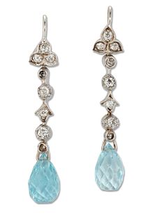 A PAIR OF AQUAMARINE AND DIAMOND PENDANT EARRINGS, articulated old-cut diam