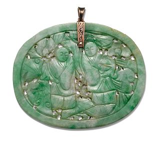 A JADE PENDANT, oval form and finely carved and pierced depicting figures, 