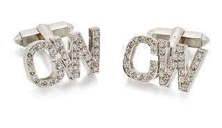 A PAIR OF 18 CARAT WHITE GOLD DIAMOND CUFFLINKS, designed as the initials '