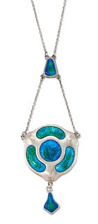 CHARLES HORNER - A SILVER AND ENAMEL PENDANT NECKLACE, a circular plaque fi