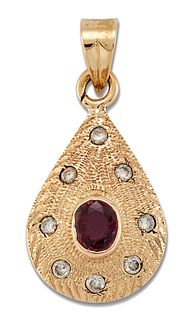 A RUBY AND DIAMOND PENDANT, an oval-cut ruby within a textured drop frame, 