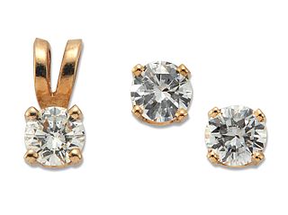A PAIR OF SOLITAIRE DIAMOND EARRINGS AND A SOLITAIRE DIAMOND PENDANT, round