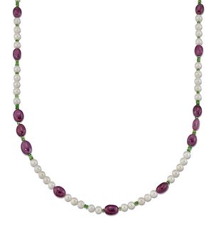A CULTURED PEARL, RUBY AND TSAVORITE GARNET NECKLACE, cultured pearls space