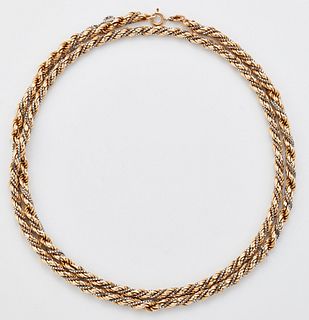 A 9 CARAT BI-COLOUR GOLD NECKLACE, of twisted yellow rope and white box lin