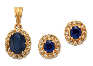 A SYNTHETIC SAPPHIRE AND DIAMOND CLUSTER PENDANT AND EARRING SUITE, each wi