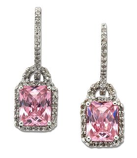 A PAIR OF PINK CUBIC ZIRCONIA AND DIAMOND CLUSTER PENDANT EARRINGS, octagon