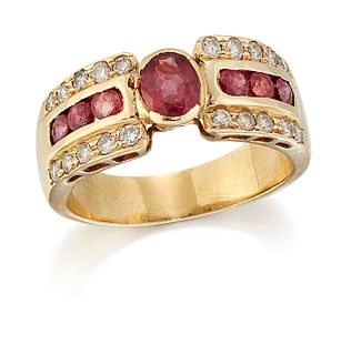 A RUBY AND DIAMOND RING, an oval-cut ruby in a bezel setting between broad 