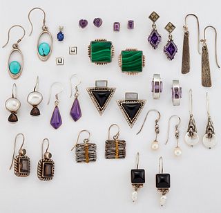 SIXTEEN PAIRS OF GEMSTONE SET AND SILVER EARRINGS, including amethyst and c