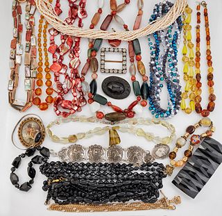 A QUANTITY OF COSTUME JEWELLERY, including FRENCH JET PASTE NECKLACES, A BR