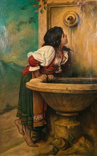 After Leon Bonnat Oil on Canvas Girl at Fountain