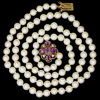 CULTURED PEARL NECKLACE WITH AMETHYST CLASP