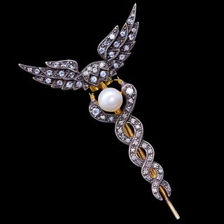NO RESERVE, PEARL AND DIAMOND CADUCEUS BROOCH